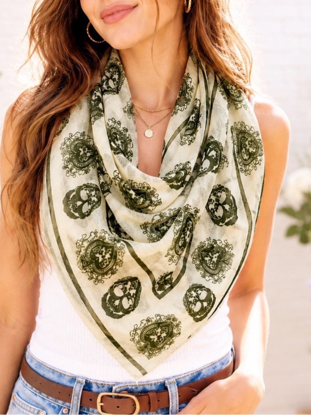 Paisley & Skull Print Lightweight Scarf | Cream & Olive Green | Boho Wrap